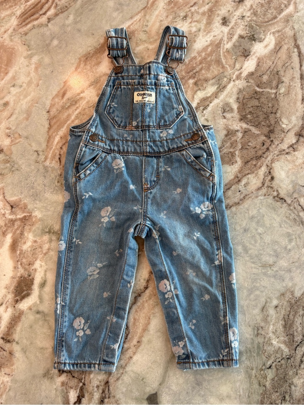Osh Kosh Baby Girls Denim Overall Jeans Flower Print Snap Close Size 9-12 M